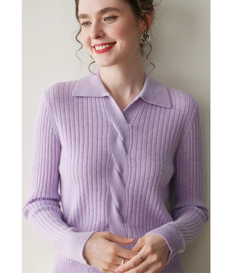 Model touching fingers in women’s cashmere rib sweater in Wisteria Purple — From Borcelleclothes.