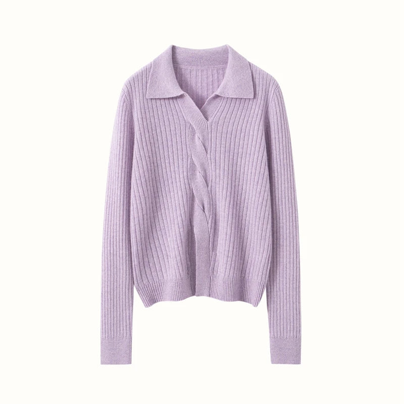 Women’s cashmere sweater in Wisteria Purple, featuring a graphic 4×2 rib, polo-style collar, and braided front detail — From Borcelleclothes.