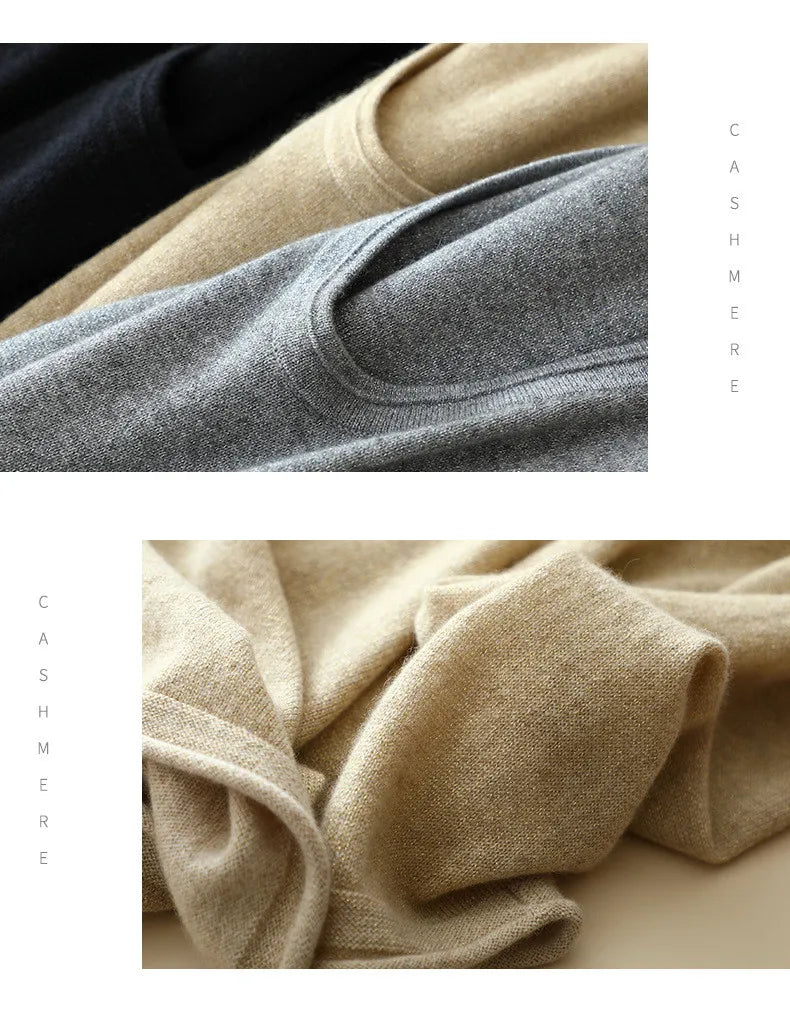 Collage showing necklines in all colors of the cashmere set and wave-folded texture in Foggy Grey — From Borcelleclothes.
