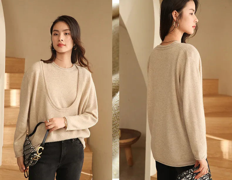 Back collage of Foggy Grey cashmere set with model holding a bag — From Borcelleclothes.