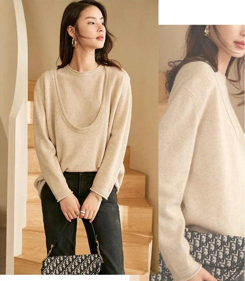 Collage of model in Foggy Grey cashmere set holding bag with both hands, and shown from the side — From Borcelleclothes.