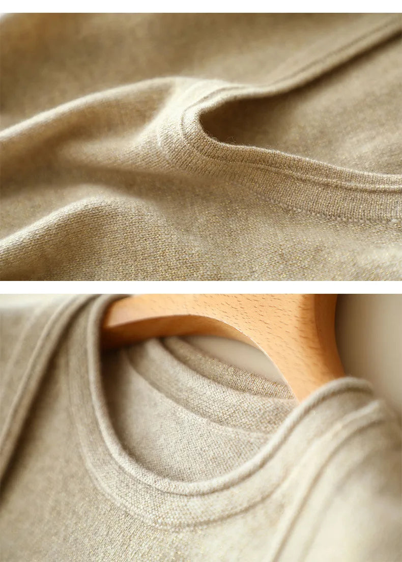 Close-up collage of pullover and top necklines in Foggy Grey cashmere — From Borcelleclothes.