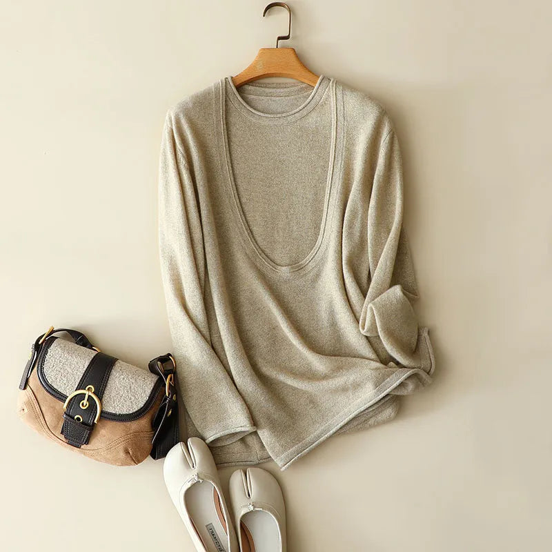 Women's Two-piece cashmere set in Foggy Grey, with deep neckline and soft rolled edges, shown with fitted tank underneath — From Borcelleclothes.
