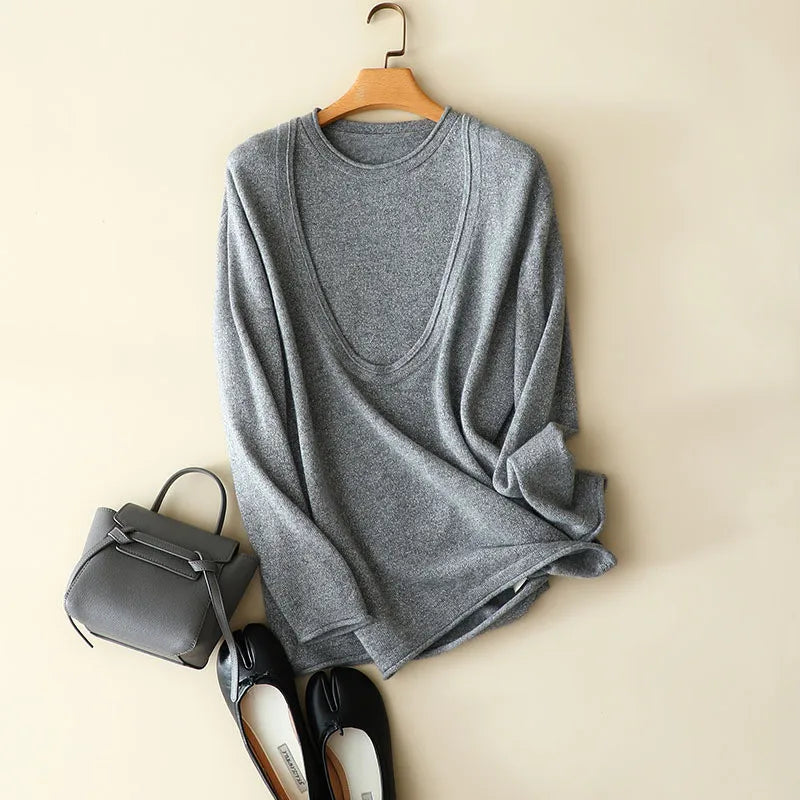 Women's Two-piece cashmere set in Oslo Grey, with deep neckline and soft rolled edges, shown with fitted tank underneath — From Borcelleclothes.