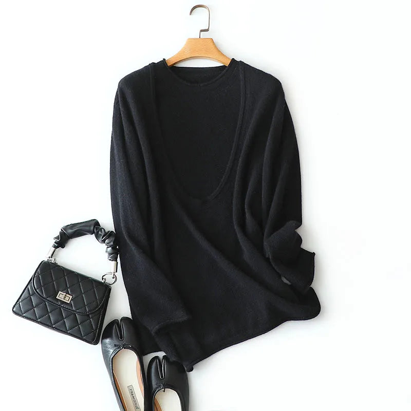 Women's Two-piece cashmere set in River Bed, with deep neckline and soft rolled edges, shown with fitted tank underneath — From Borcelleclothes.