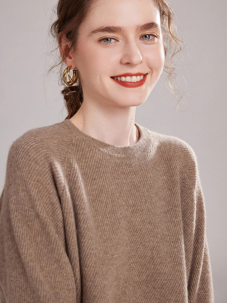 Pastel Brown cashmere sweater with raglan sleeves and diagonal-knit texture – From Borcelleclothes.