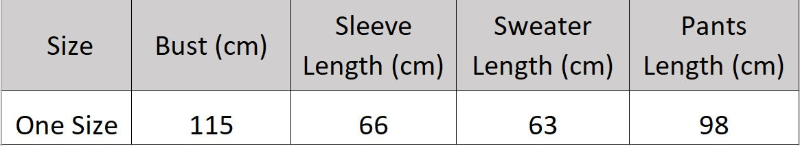 Women’s size chart for a cashmere set in diagonal knit texture with relaxed sweater and straight-leg pants — From Borcelleclothes.