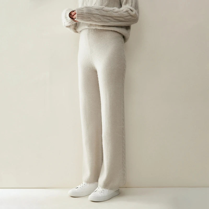 Women's cashmere set with two-strand cables in Cloud, model wearing the pants — From Borcelleclothes.