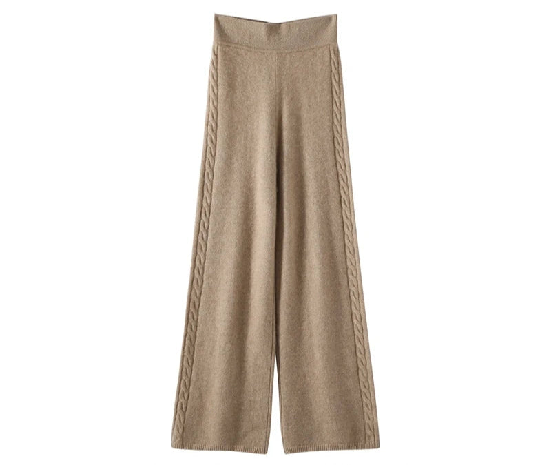 Women's cashmere set with two-strand cables in Pale Taupe, front draping view — From Borcelleclothes.