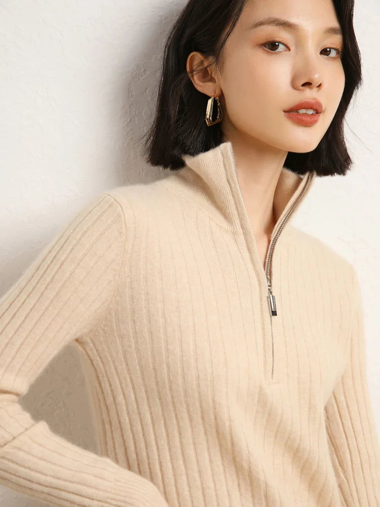 Upper part of cashmere sweater in shifting ribs, Almond — From Borcelleclothes.