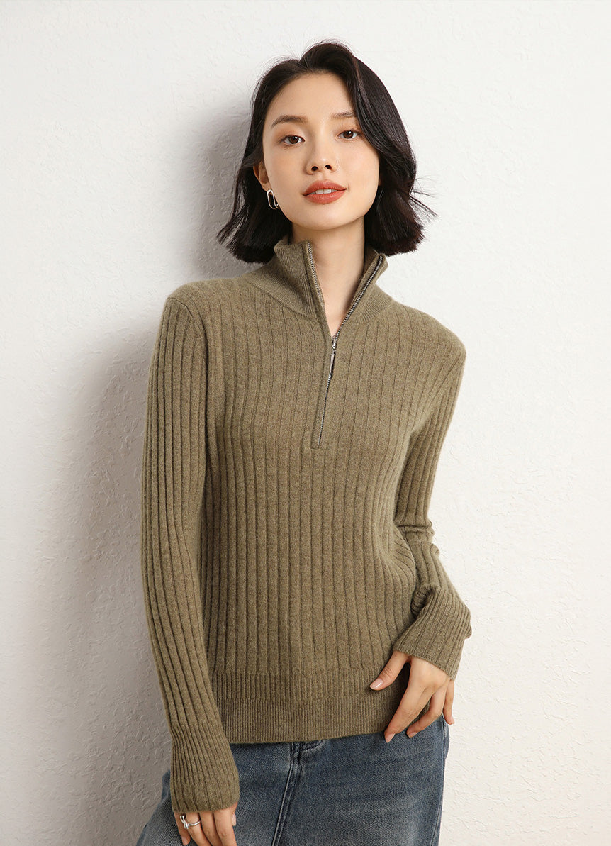 Women’s cashmere half-zip sweater in Ivy Olive, featuring shifting rib textures, with stand collar and sculpted finish at hem and cuffs — From Borcelleclothes.