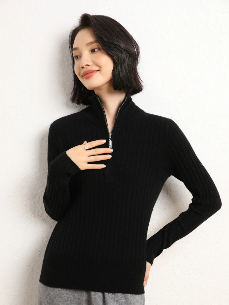 Women’s cashmere half-zip sweater in Onyx, featuring shifting rib textures, with stand collar and sculpted finish at hem and cuffs — From Borcelleclothes.