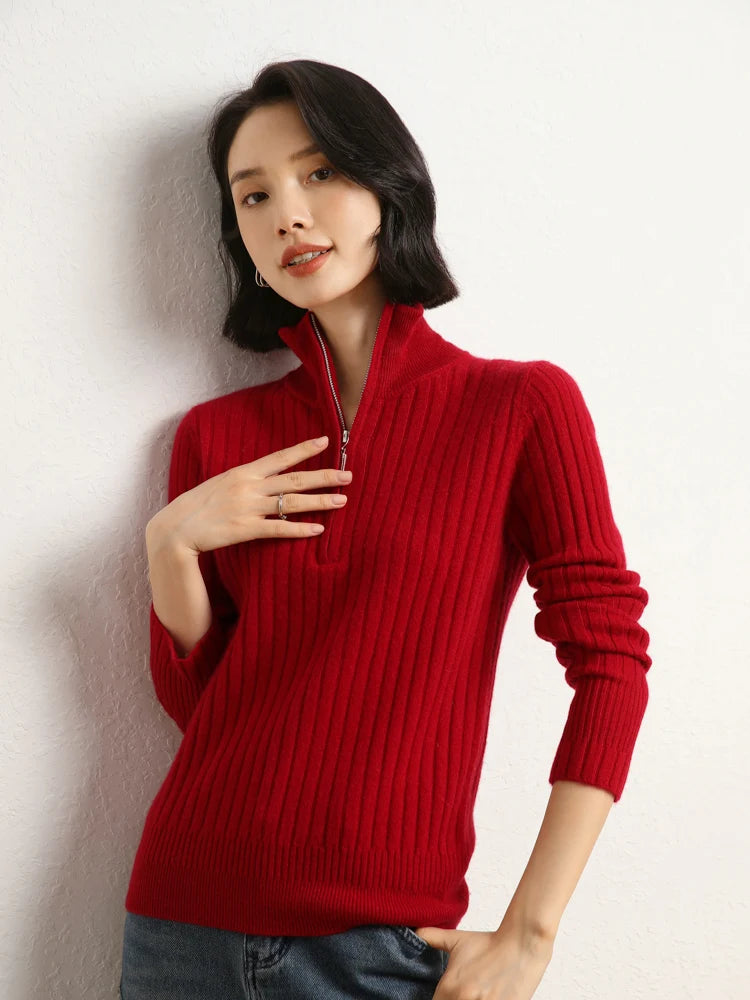 Women’s cashmere half-zip sweater in Sangria, featuring shifting rib textures, with stand collar and sculpted finish at hem and cuffs — From Borcelleclothes.