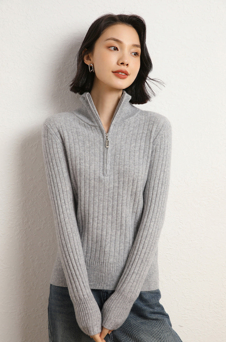 Women’s cashmere half-zip sweater in Tender Grey, featuring shifting rib textures, with stand collar and sculpted finish at hem and cuffs — From Borcelleclothes.
