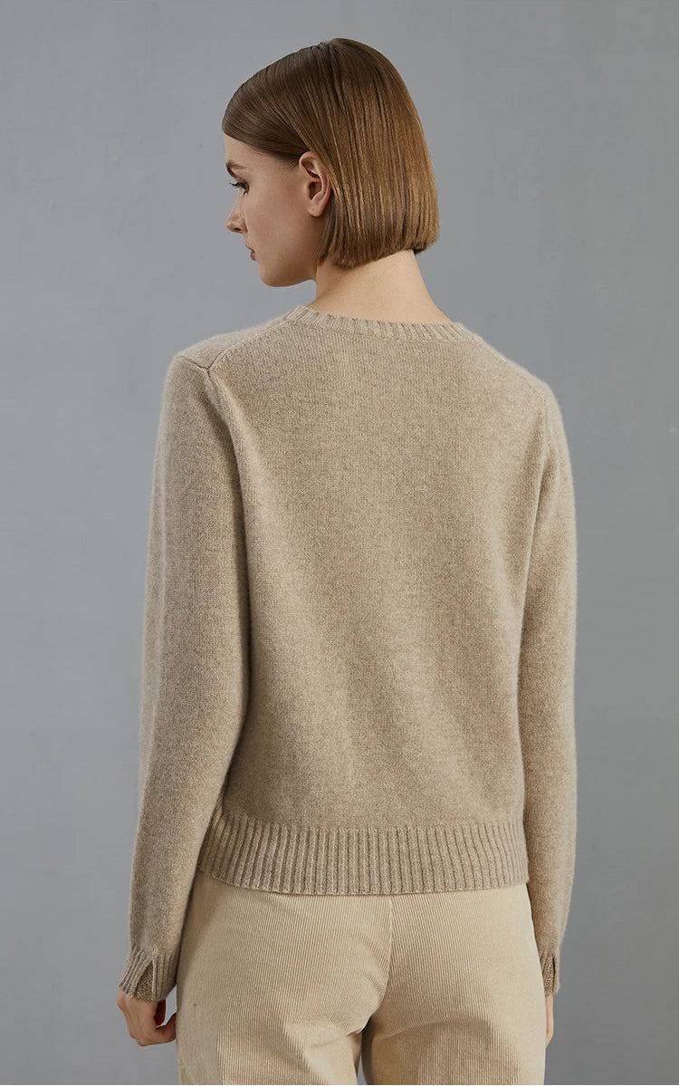 Back view of the Sandrift cashmere sweater, showing clean lines and soft drape — From Borcelleclothes.