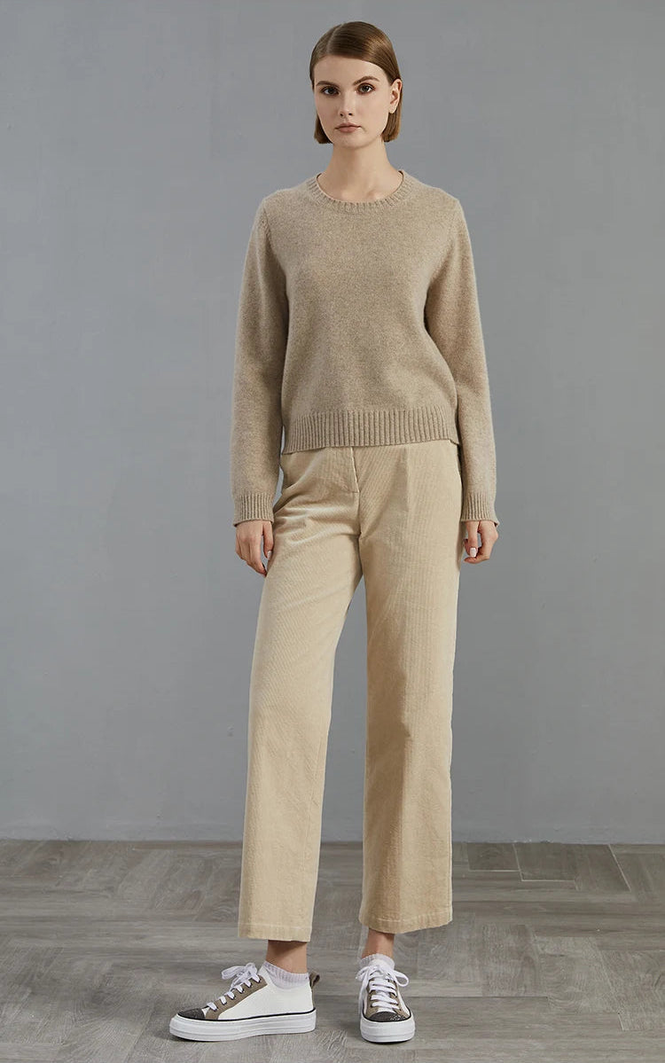 Full view of the Sandrift cashmere sweater, straight stance emphasizing the simplicity of form — From Borcelleclothes.
