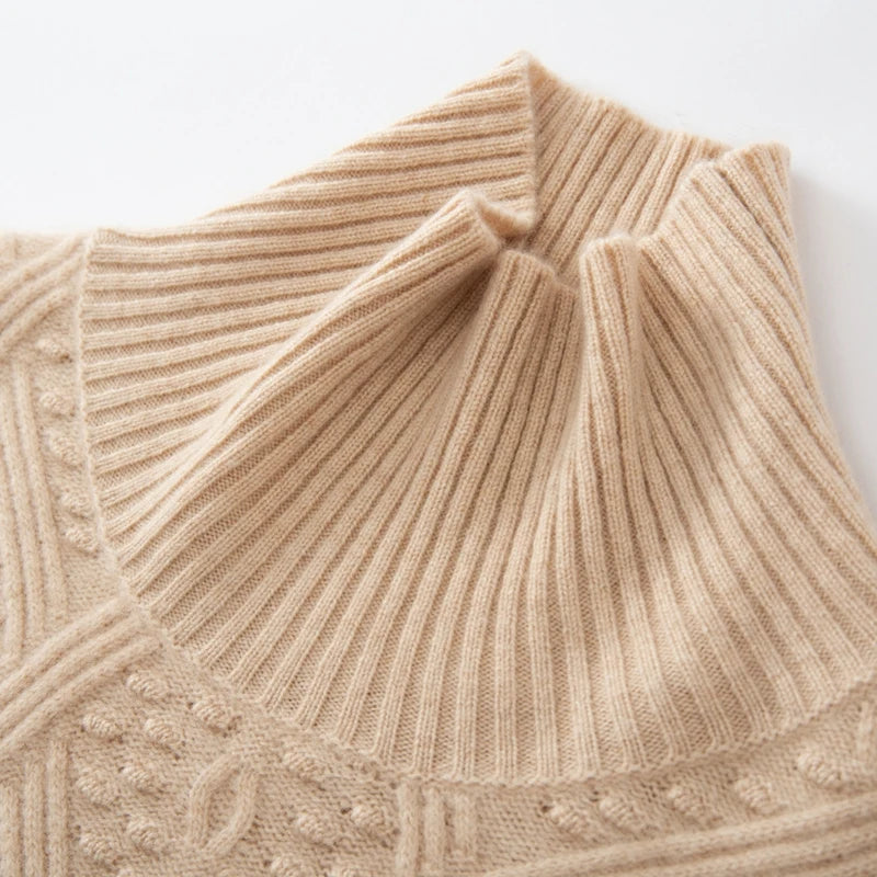 Almond cashmere sweater featuring a loose neckline and trellised diamond pattern — From Borcelleclothes.