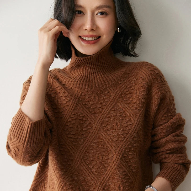Women's Cashmere sweater in Dark Russet, with diamond motif and embossed bobble stitches on the front and sleeves — From Borcelleclothes.