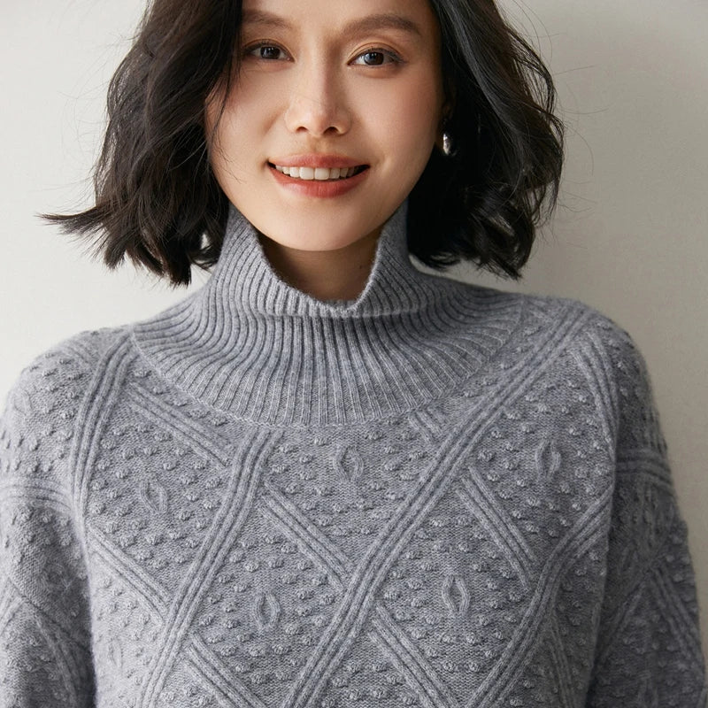 Women's Cashmere sweater in French Grey, with diamond motif and embossed bobble stitches on the front and sleeves — From Borcelleclothes.