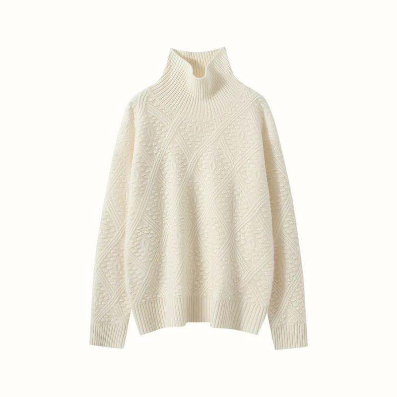Women's Cashmere sweater in Pearl Bush, with diamond motif and embossed bobble stitches on the front and sleeves — From Borcelleclothes.