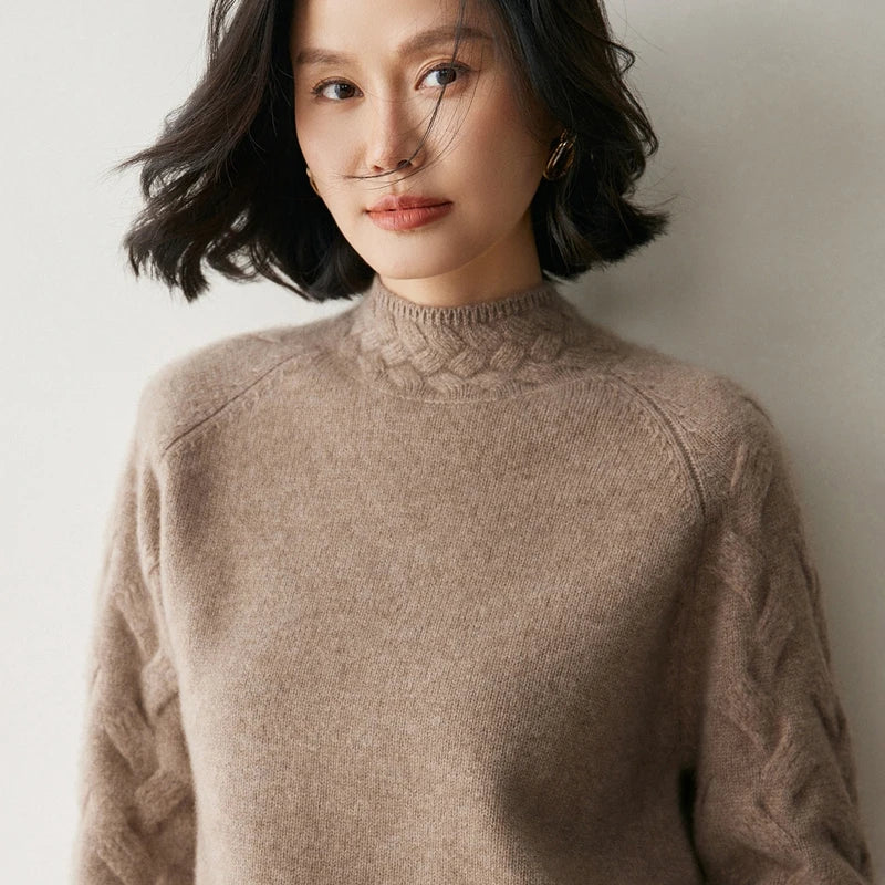 Women's cashmere sweater in Almond Frost, with raglan seams, sculpted sleeves, and braided neckline — From Borcelleclothes.