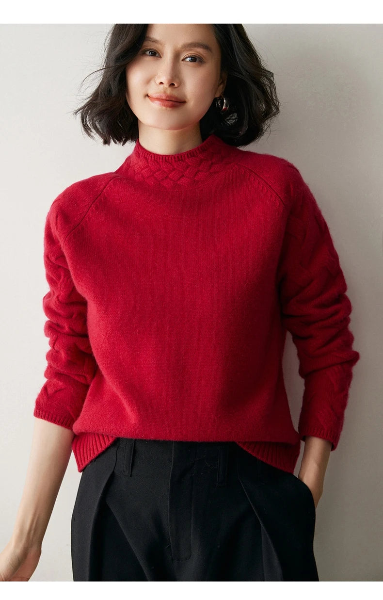 Model in Carmine cashmere sweater with one hand in pants pocket — From Borcelleclothes.