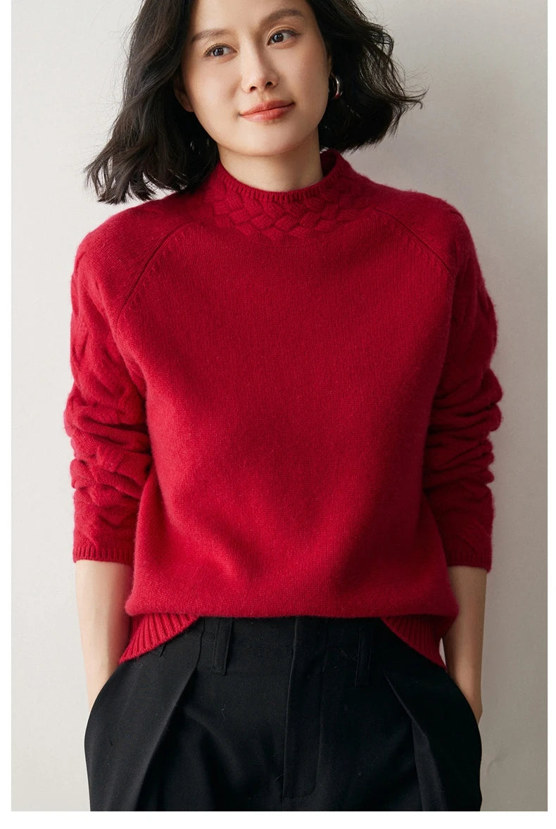 Model in Carmine cashmere sweater with both hands in pants pockets — From Borcelleclothes.