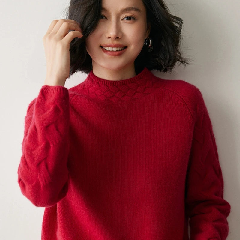 Women's cashmere sweater in Carmine, with raglan seams, sculpted sleeves, and braided neckline — From Borcelleclothes.