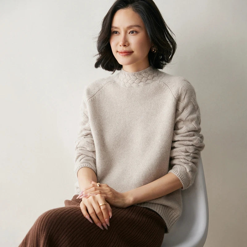 Women's cashmere sweater in Downy Grey, with raglan seams, sculpted sleeves, and braided neckline — From Borcelleclothes.