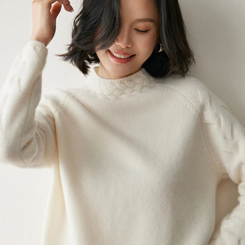 Women's cashmere sweater in White Coffee, with raglan seams, sculpted sleeves, and braided neckline — From Borcelleclothes.