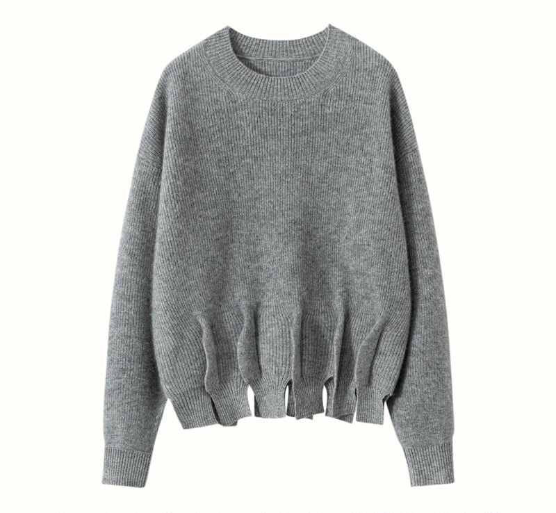 Front draping of Oslo Grey cashmere sweater highlighting waist sculpting – From Borcelleclothes.