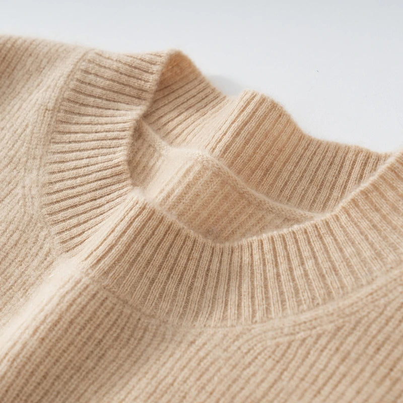Ribbed neckline of vanilla cashmere sweater with sculpted silhouette – From Borcelleclothes.