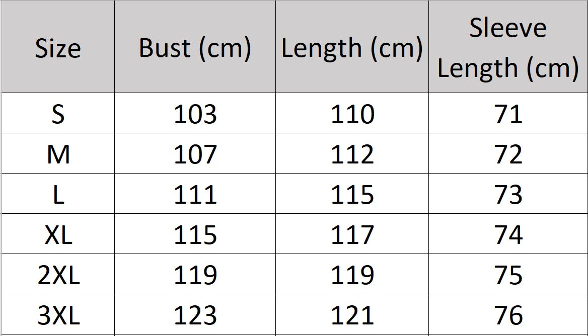 Women's size chart for a Tibetan Cashmere Trench Coat, featuring a luxurious military-inspired design with a single storm flap, adjustable sleeve tabs, and a belted waist for a refined, tailored silhouette. From Borcelleclothes.
