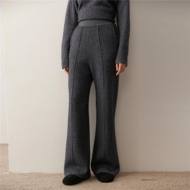 Women's Cashmere trousers in Davy Grey, with tuck detail, hidden side pockets, and a ribbed waistband — From Borcelleclothes.