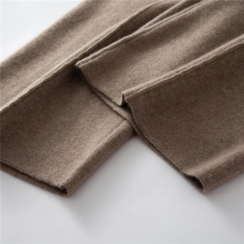 Both bottom hems of pastel brown cashmere trousers with tuck detail — From Borcelleclothes.