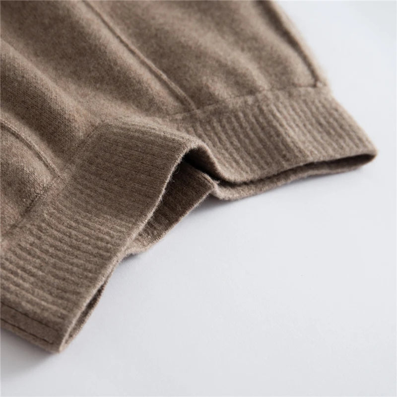 Ribbed waistband of pastel brown cashmere trousers with tuck detail — From Borcelleclothes.