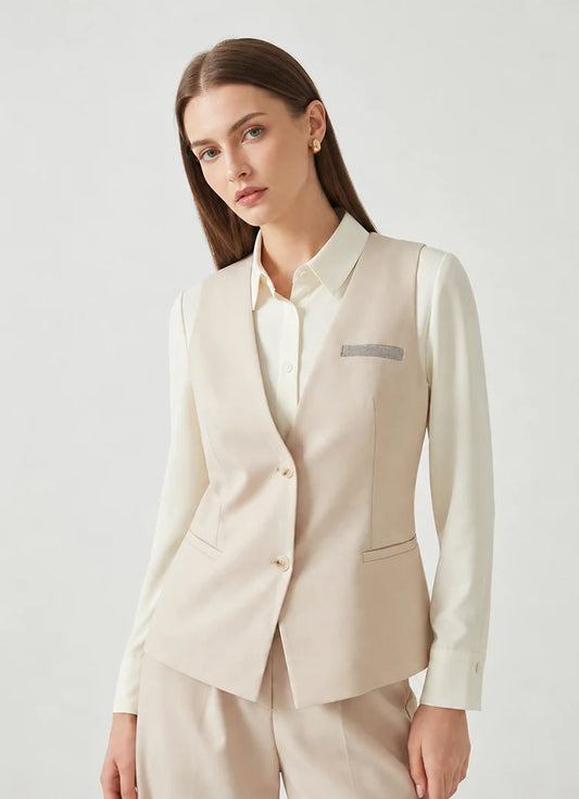 Woman in Classical V-neckline vest in Silver Pink, bent slightly to the side — From Borcelleclothes.