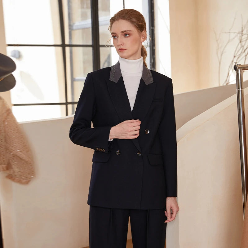 Women's contrast-collar wool blazer in Mirage, with rhinestone-trimmed lapels, double-breasted tailoring, and formal structure reimagined with feminine balance — From Borcelleclothes.