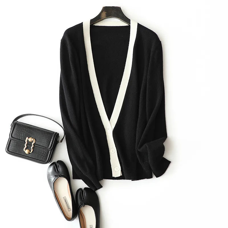 Women’s contrast-trim cashmere cardigan with deep V-neckline and relaxed silhouette — shown in Onyx color— From Borcelleclothes.