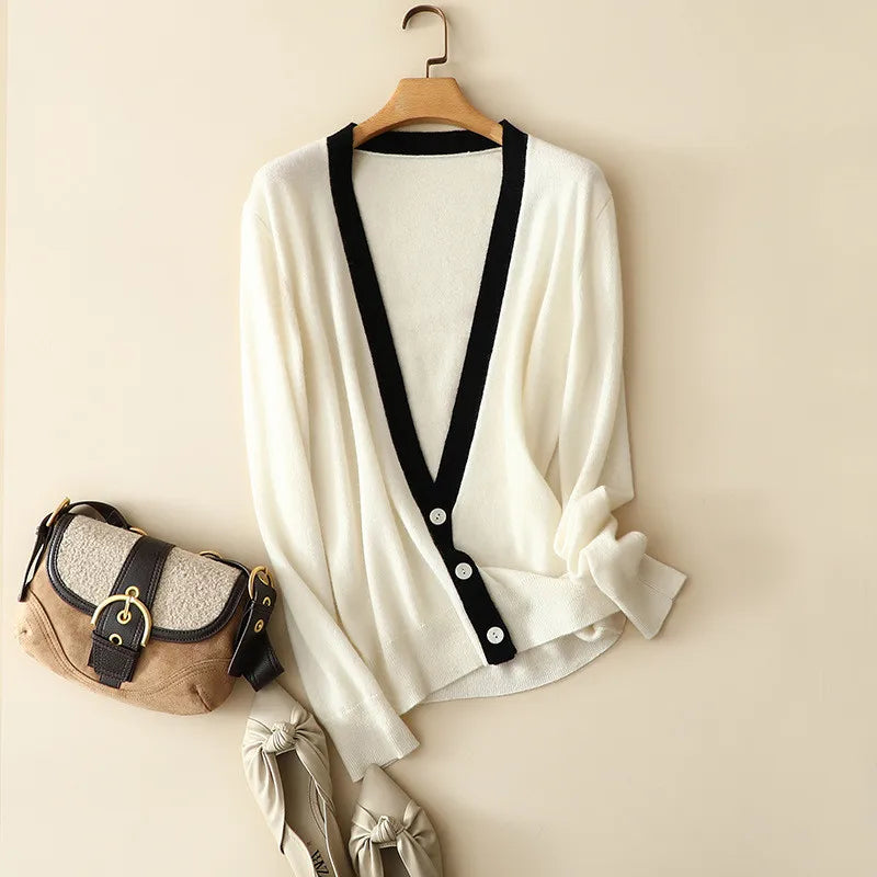 Pearl Bush cardigan styled with bag and shoes, showing full outfit coordination. — From Borcelleclothes.