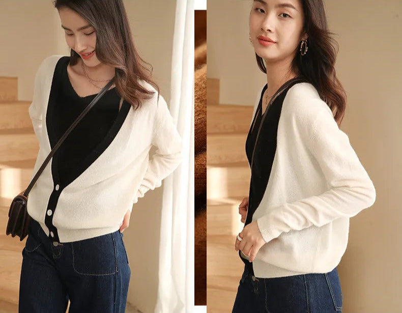Pearl Bush cardigan shown from front and side angles, highlighting contrast trim and relaxed silhouette. — From Borcelleclothes.