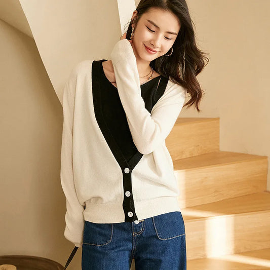 Women’s contrast-trim cashmere cardigan with deep V-neckline and relaxed silhouette — shown in Pearl Bush color. — From Borcelleclothes.