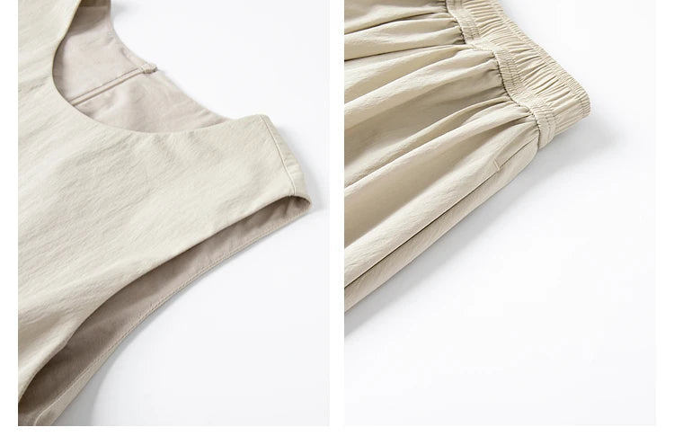 Collage showing shoulder detail of the top and quilted waistband of the skirt — textured design with understated depth. From Borcelleclothes.