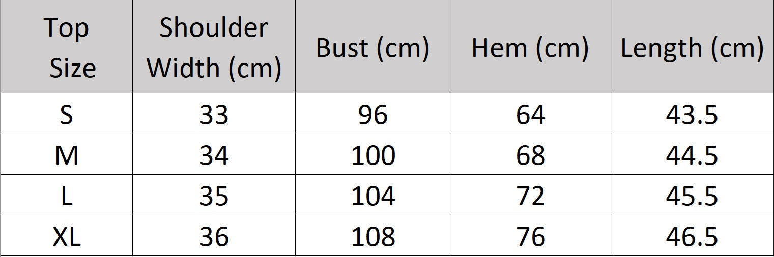 Women’s size chart for a top of the two-piece set in Coral Reef color featuring a sleeveless crinkled top with a gathered hem and a flowing calf-length skirt with a quilted waistband. From Borcelleclothes.