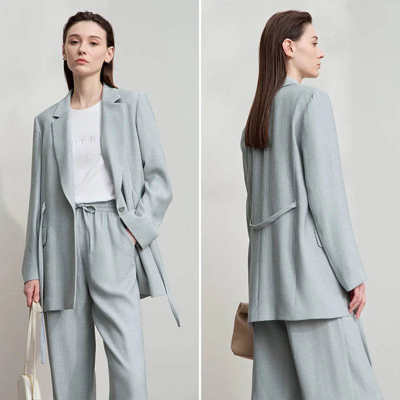 Collage of front and side views of women’s Morning Blue crinkled viscose blazer – From Borcelleclothes.