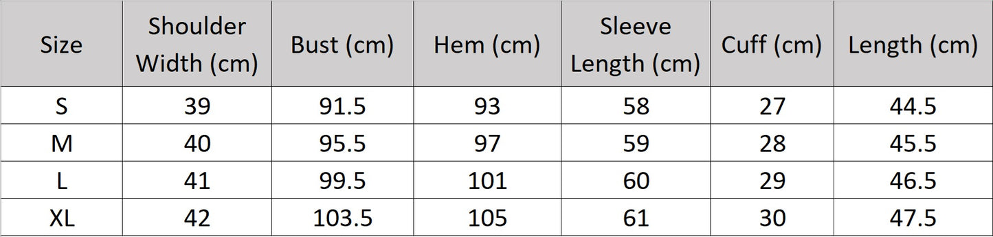 Women’s size chart for a cropped tweed blazer, with fringed edges, gold lurex threads, patch pockets, and detachable sheer pleated cuffs – From Borcelleclothes.