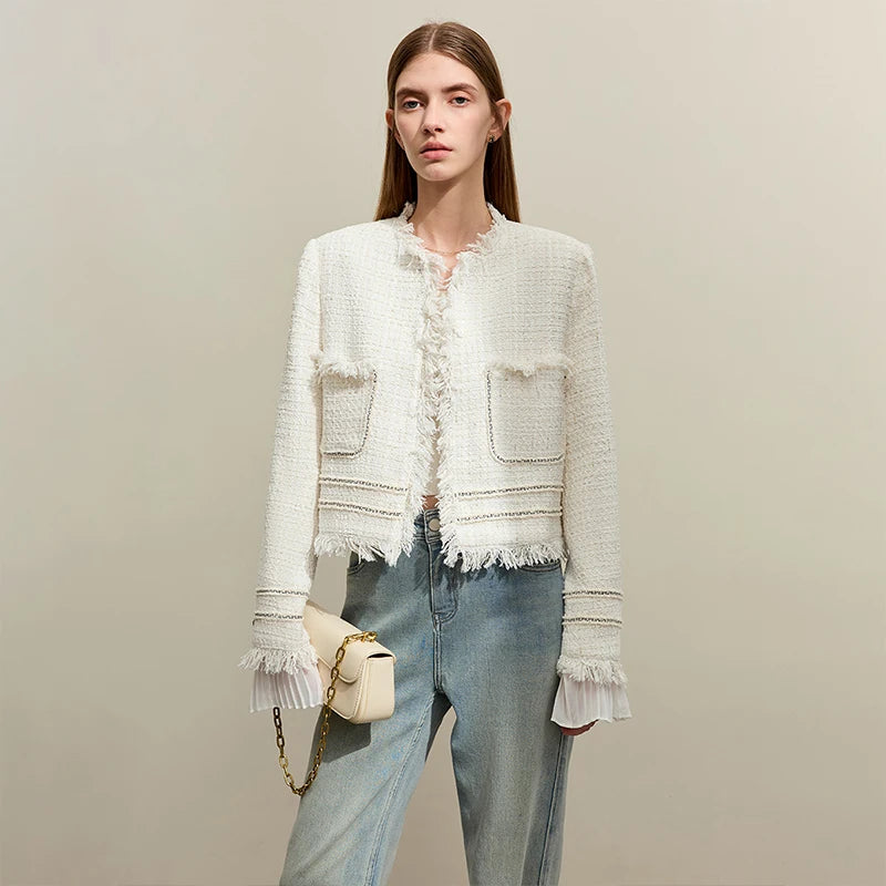 Women’s cropped tweed jacket in Platinum, with fringed edges, gold lurex threads, patch pockets, and detachable sheer pleated cuffs – From Borcelleclothes.