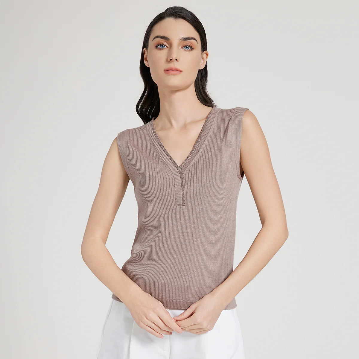 Women's ribbed sleeveless top in Martini shade with a curved V-neckline, rhinestone fringe, and gently rounded armhole inserts. From Borcelleclothes.