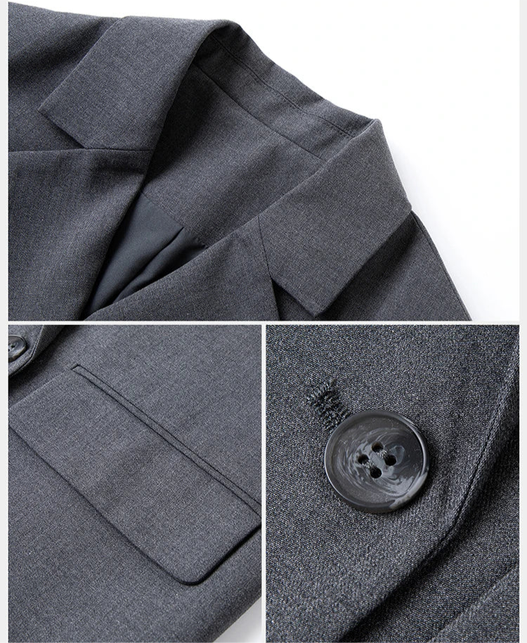 Collage close-up of Davy Grey double-breasted blazer showing collar, flap pocket, and button details. From Borcelleclothes.
