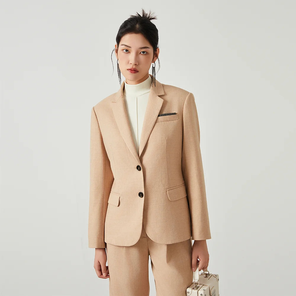Women’s Desert Sand blazer with single-breasted cut, notch lapels, and rhinestone fringe trim detail. From Borcelleclothes.